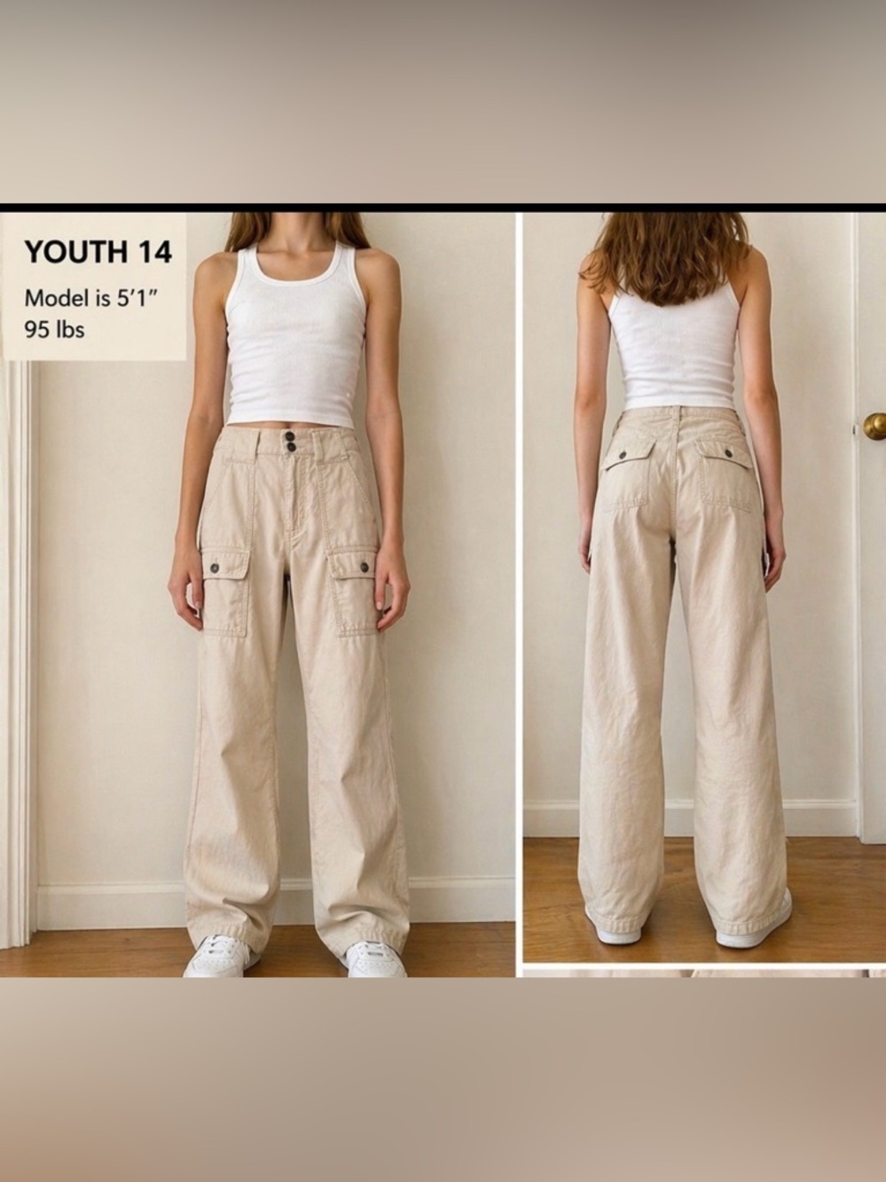 Ralph Lauren Cargo Pants Youth 14 Beige Wide Leg Utility 100% Cotton Kids Unisex